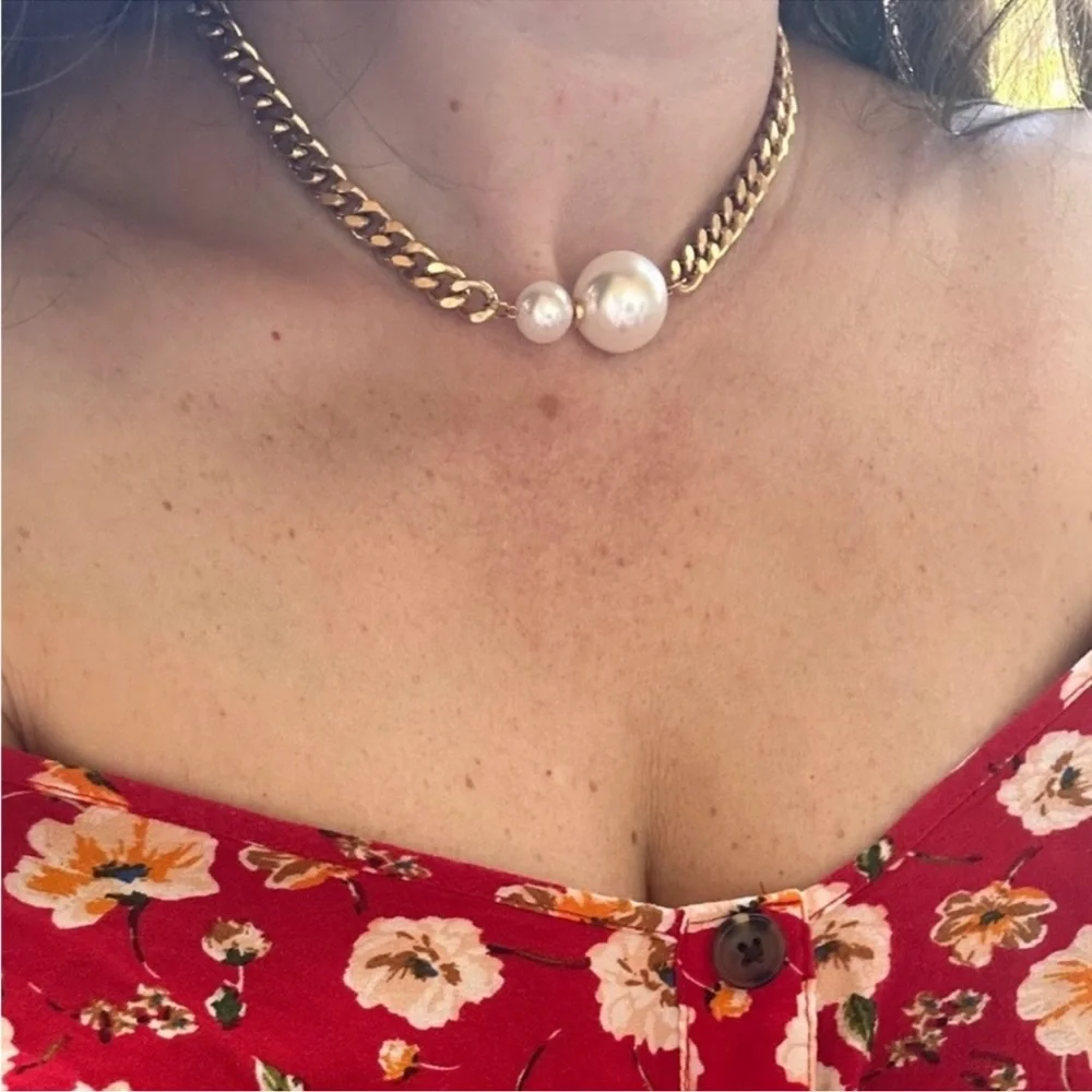 Cuban Link 18k Gold Platec Chain Necklace with Pearls - Picture 2 of 2